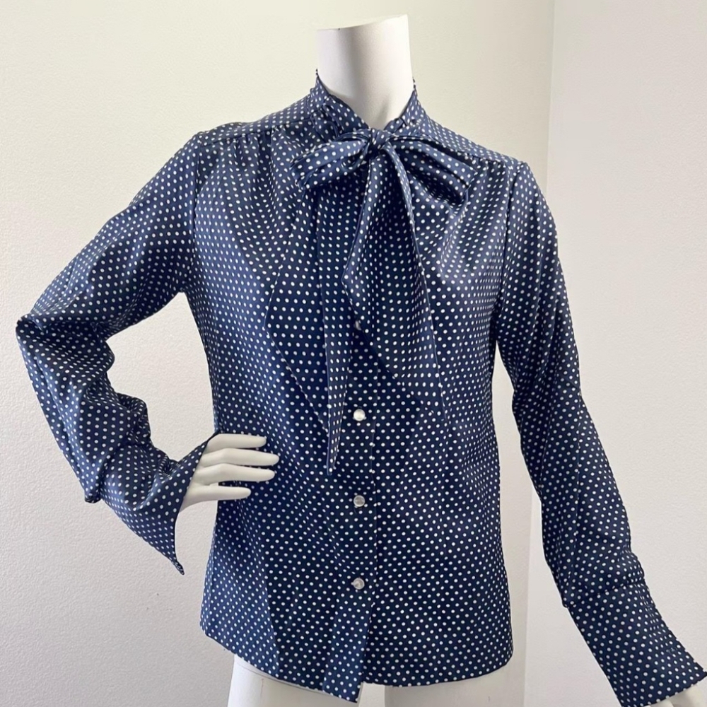 Lee Mar | Navy Polka Dot Blouse with Bow Button Down Small Teacher Office